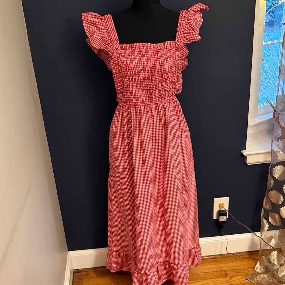 Sim & Sam Red Gingham Smocked Midi picnic Dress large Cottagecore Ruffle Strap